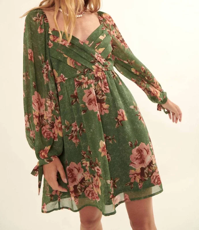 Limited Time Offer!Enchanting Blooms Floral Chiffon Mini Dress In Green