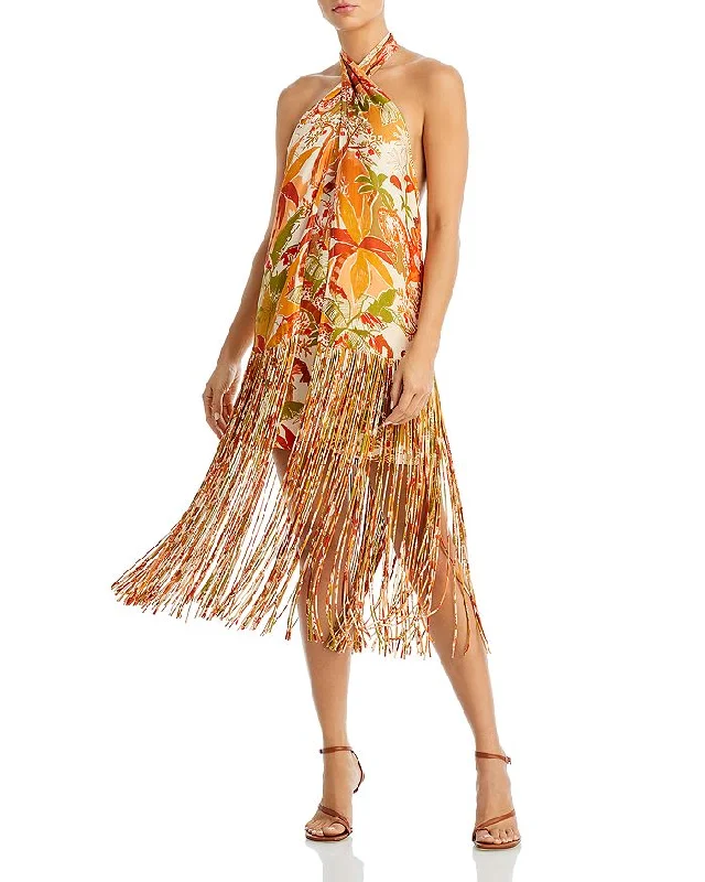 Hurry, Sale Ends Soon!FARM Rio Women Leopard Forest Sand Halter Neck Fringe Mini Dress Orange Print Hurry, Sale Ends Soon!FARM Rio Women Leopard Forest Sand Halter Neck Fringe Mini Dress Orange Print