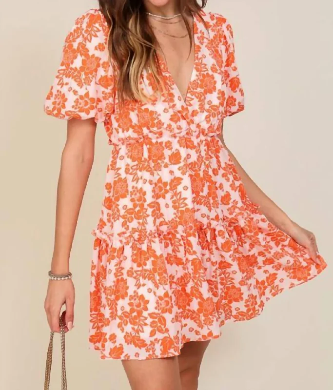 Save Money, Shop Happy!Floral Print Mini Dress In Orange/white