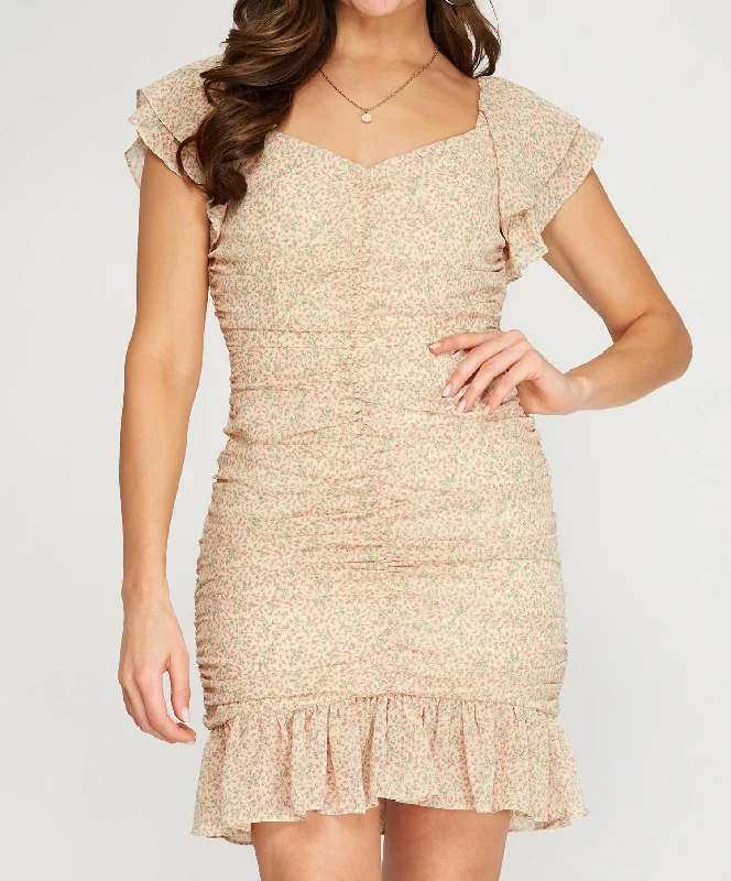 Hot Deals You Can’t Resist!Floral Ruched Mini Dress In Vanilla