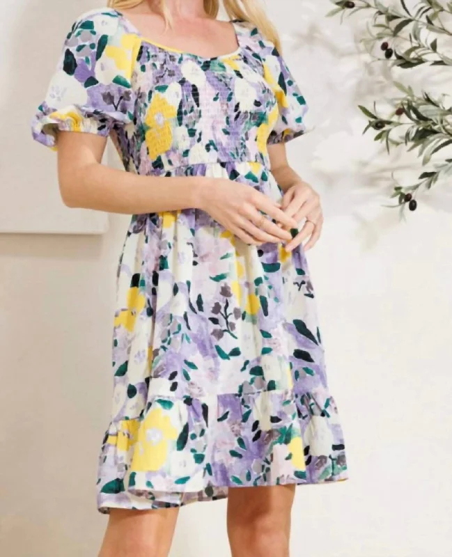 Your Exclusive Offer Awaits!Floral Square Neck Puff Sleeve Mini Dress In Lavender
