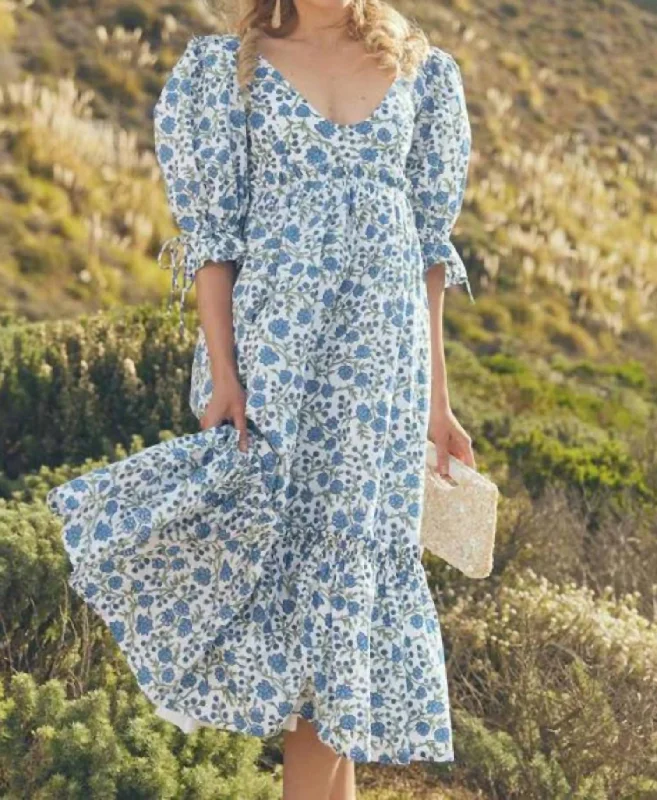 Your Favorite Items on Sale Now!Hayley Puff Sleeve Midi Dress In Cream/azure Floral