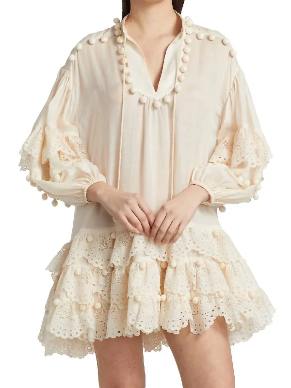 Score Huge Discounts Today!Lyre Embroidered Lace Trim Tiered Skirt Mini Dress in Cream