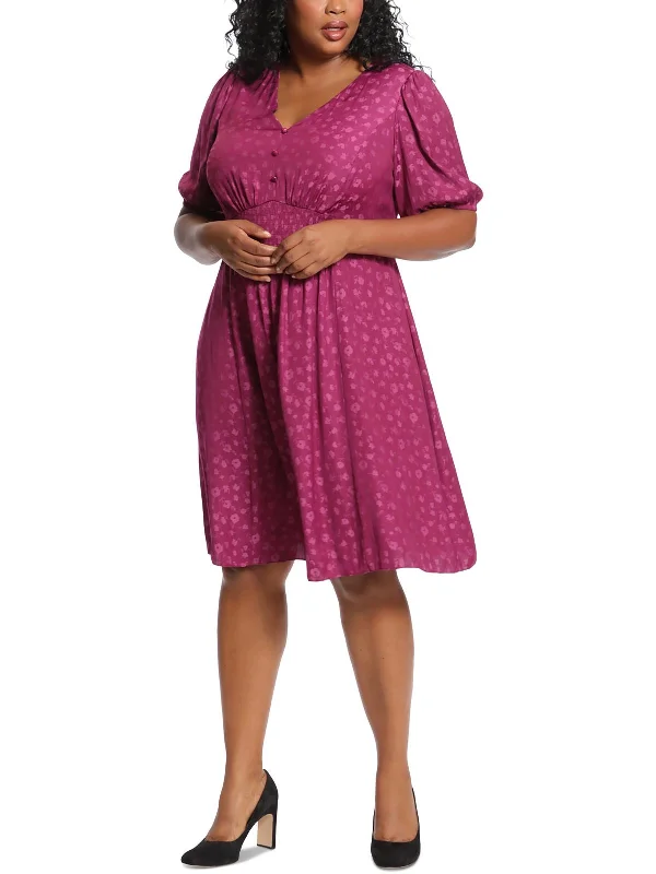 Limited Edition, Limited Price!Plus Elsie Womens Jacquard Print V-Neck Midi Dress