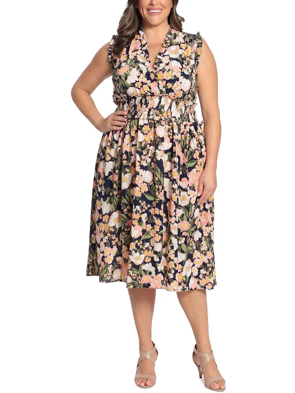 Buy More, Pay Less!Plus Womens Smocked Floral Midi Dress