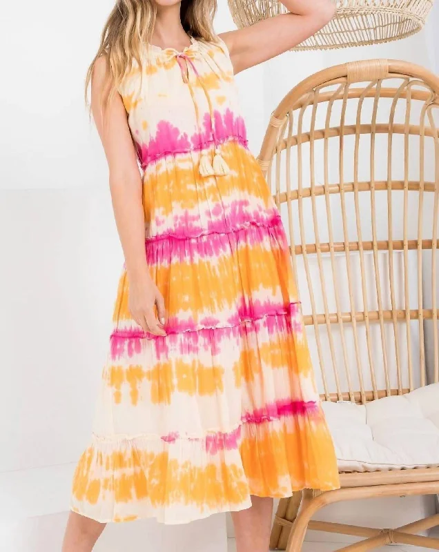 Your Discount is Waiting!Ruffle Midi Dress In Pink/orange Tie Dye