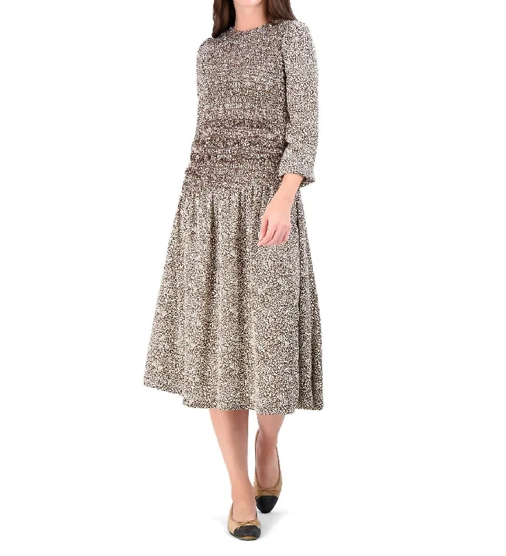 Save More When You Shop More!Ruffle Waist Smocked Midi Dress In Brown/white