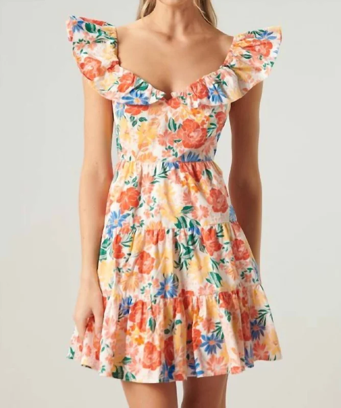 Exclusive Savings This Week!The Saint Lucia Floral Sweetheart Ruffle Mini Dress In Blue Yellow Coral