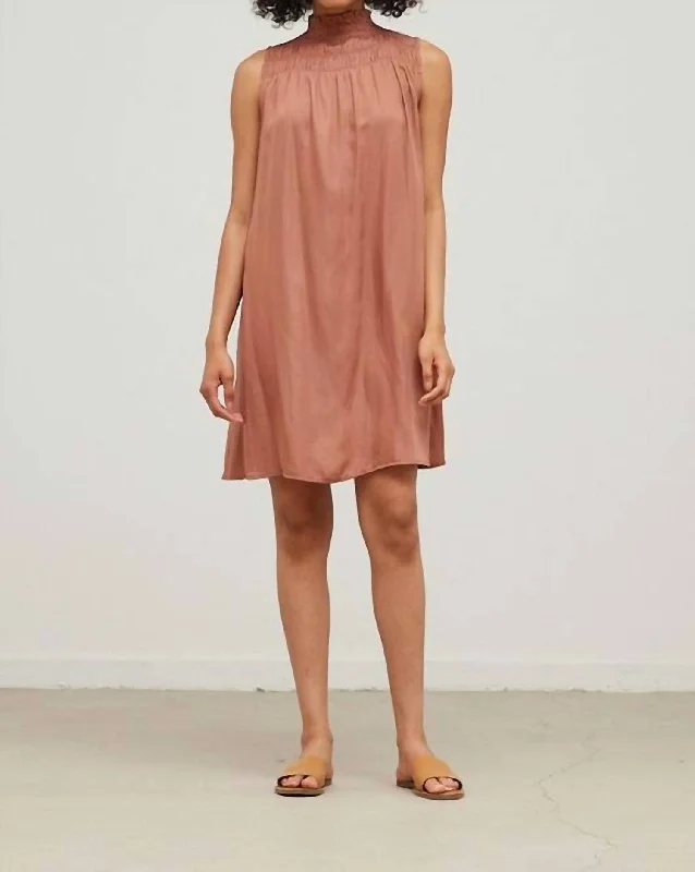 Limited Time Offer!The Whitney Dark Rose Smocked High-Neck Sleeveless Satin Mini Dress In Brown