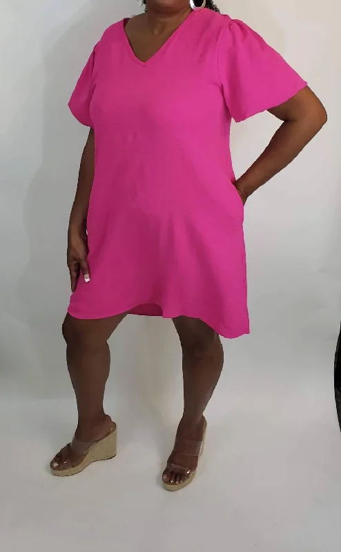 One Click Away from Big Savings!V-Neck Puff Sleeve Mini Dress In Hot Pink