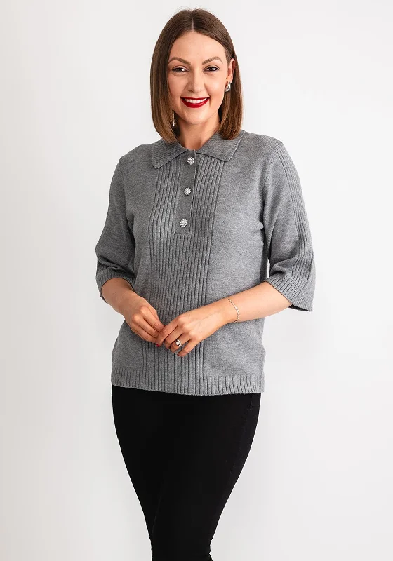 Save More Than Ever!B.Young Manina Button Neck Polo Sweater, Grey