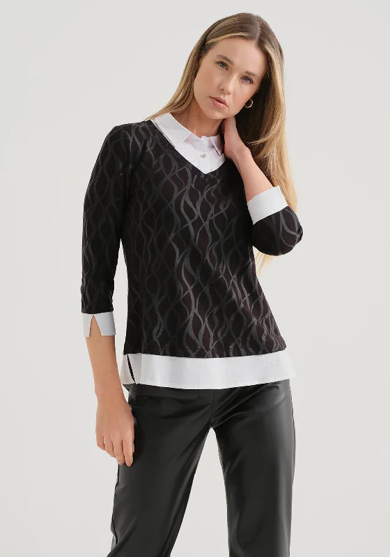 Get More for Less!Dolcezza Wavy Print Shirt Detail Top, Black
