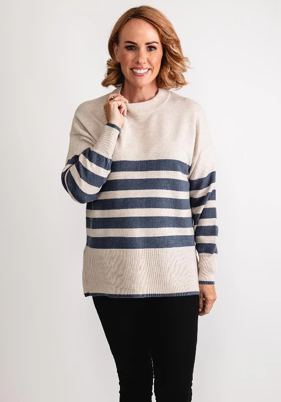 Only a Few Left – Order Now!Fransa Bitte Split Hem Striped Jumper, Beige and Blue