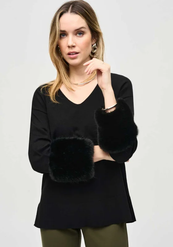Amazing Prices You Can’t Resist!Joseph Ribkoff Faux Fur Cuff V Neck Sweater, Black Amazing Prices You Can’t Resist!Joseph Ribkoff Faux Fur Cuff V Neck Sweater, Black
