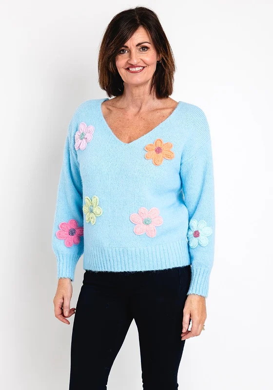 Must-Have Deals Inside!Serafina Collection One Size Knitted Flower Applique Sweater, Blue Must-Have Deals Inside!Serafina Collection One Size Knitted Flower Applique Sweater, Blue