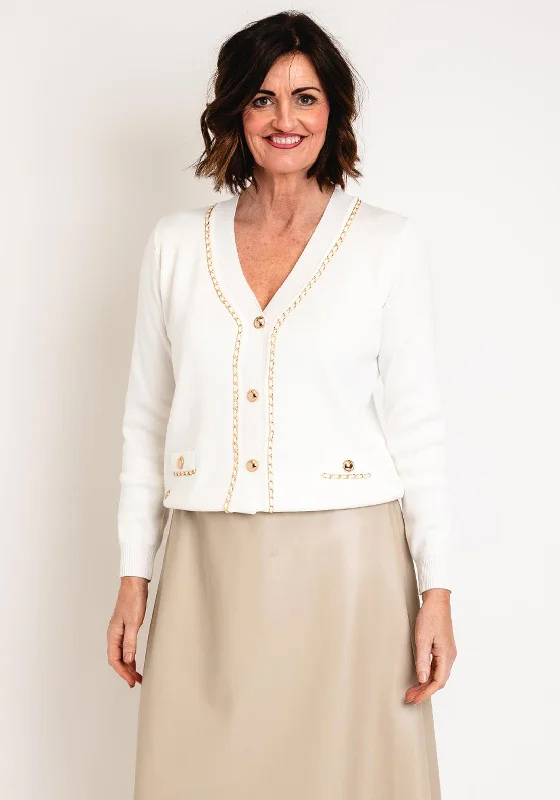 Special Discounts Inside!Natalia Collection One Size Gold Chain Trim Knit Cardigan, White Special Discounts Inside!Natalia Collection One Size Gold Chain Trim Knit Cardigan, White