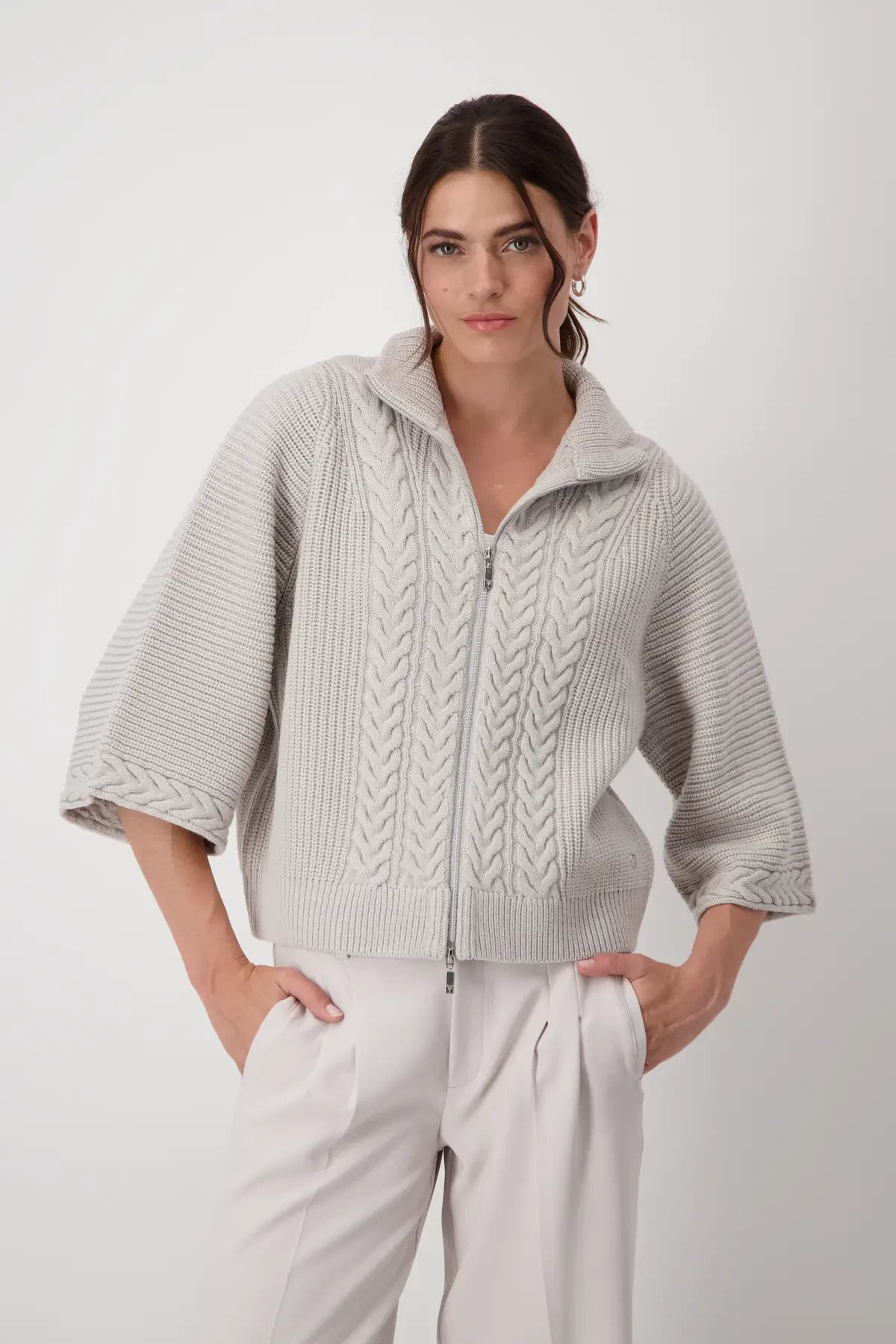 Your Best Deals Are Here!Monari Cable Knit Zip Through Cardigan, Light Grey