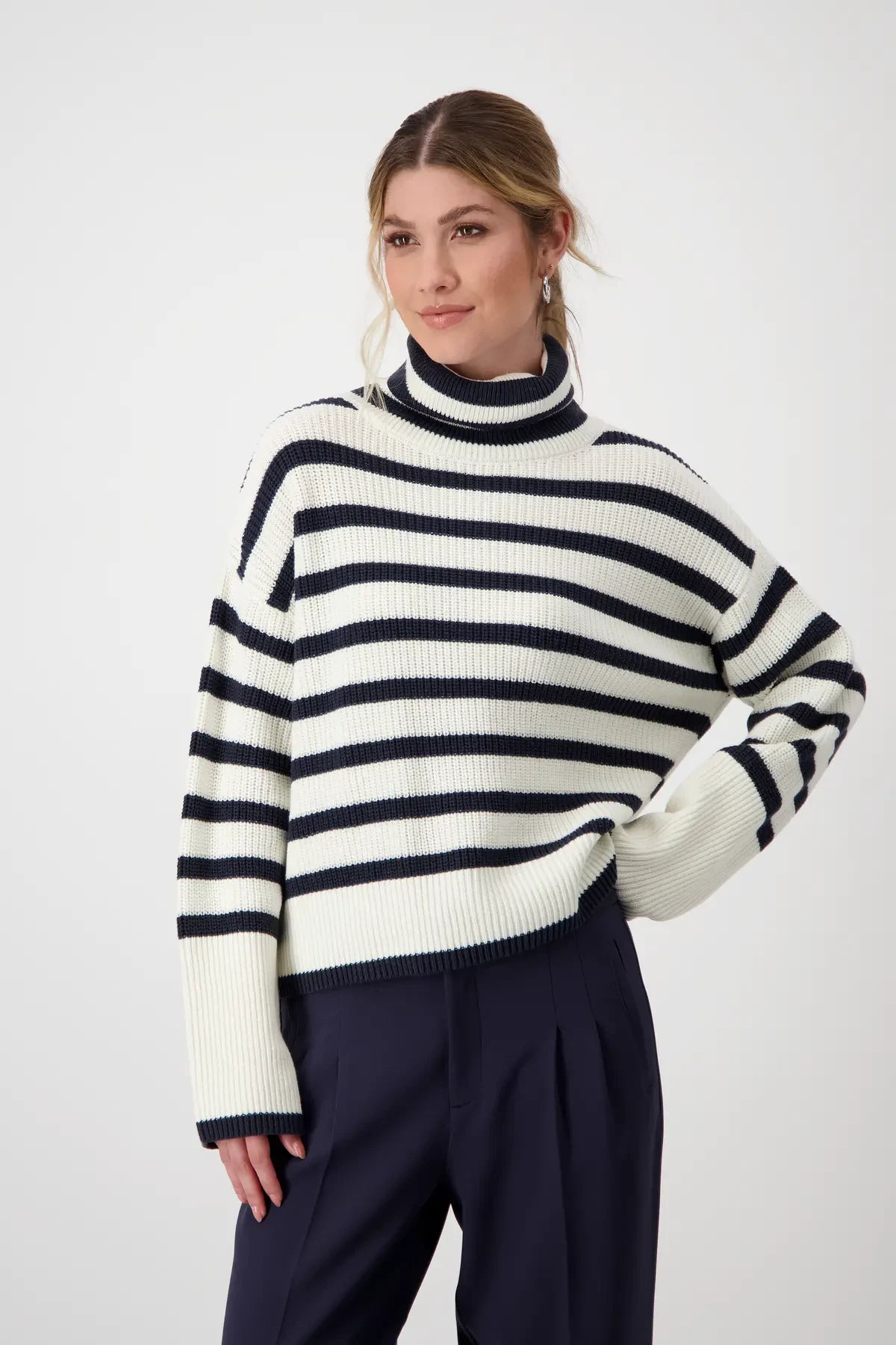 Today’s Deals, Tomorrow’s Regrets!Monari Striped Polo Neck Jumper, White and Navy