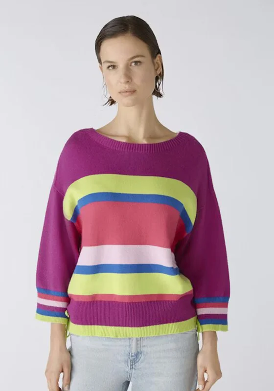 Get It Before It’s Gone!OUI Round Neck Cotton Blen Striped Sweater, Lilac Green