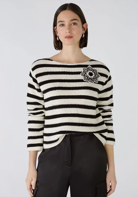 Save More When You Shop More!Oui Striped Crochet Flower Jumper, Black & Off White