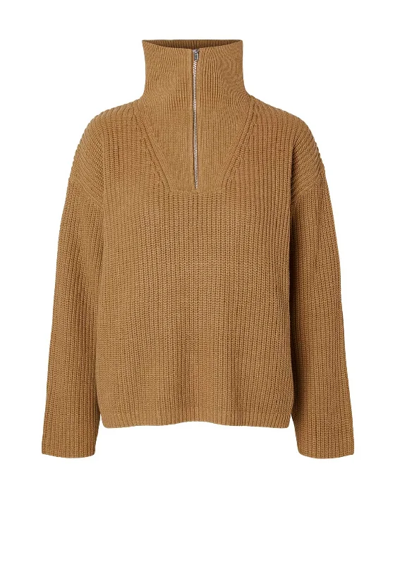 Buy One, Get One Free!Selected Femme Bloomie Half Zip Knit Jumper, Tobacco Brown