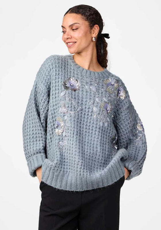 One Day Only – Huge Savings!Y.A.S Finda Embellished Floral Chunky Jumper, Dusty Blue