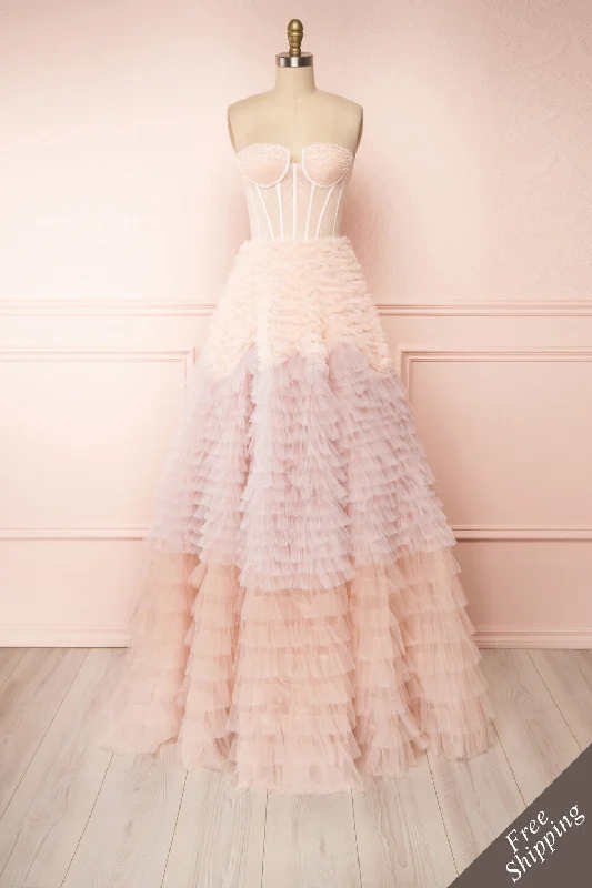 Get It Before It’s Gone!Asako Blush | Bustier Layered Tulle Maxi Dress