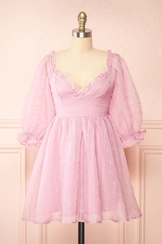 Buy More, Save More!Crocus | Pink Plaid Babydoll Dress w/ Puffy Sleeves