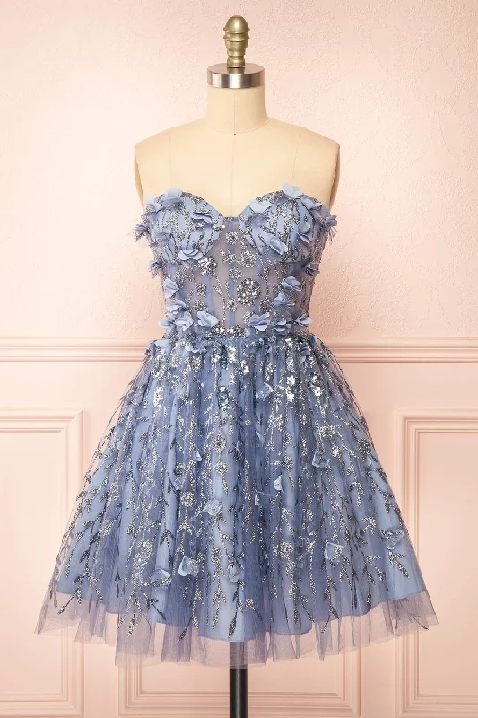 Limited-Time Price Drop!Eudora | Short Sparkly Blue Dress w/ Floral Appliqués