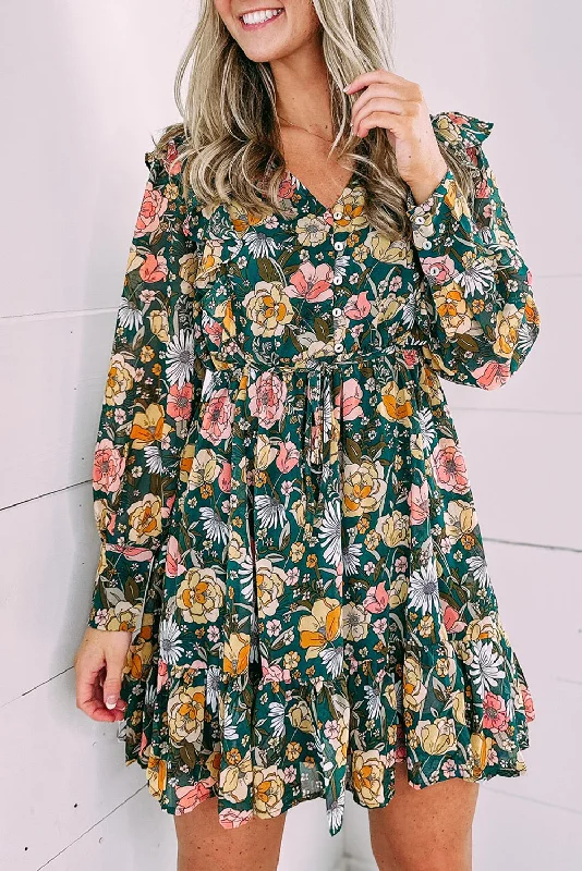 Only a Few Left – Order Now!Floral Ruffle Buttoned Bodice Dress