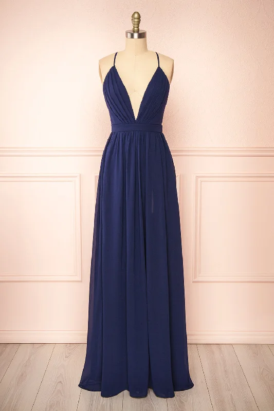 Limited-Time Price Drop!Haley Navy | Deep V-Neck Chiffon Maxi Dress