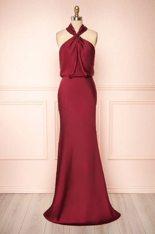 Get More for Less!Jinny Burgundy | Satin Halter Maxi Dress