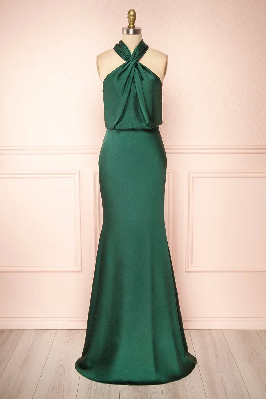 Unbeatable Prices!Jinny Emerald | Satin Halter Maxi Dress