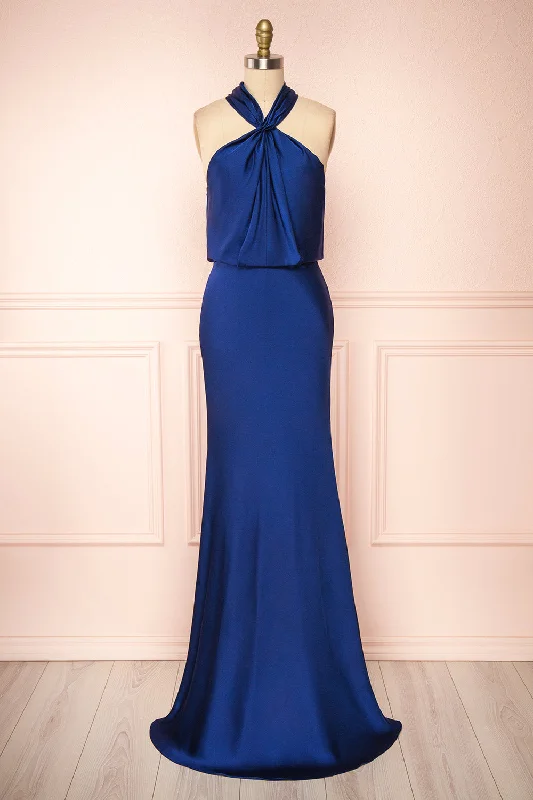 Limited Time Offer!Jinny Navy | Satin Halter Maxi Dress