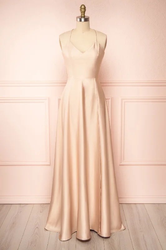 Crazy Discounts Inside!Julia Champagne | Satin Maxi Dress w/ High Slit
