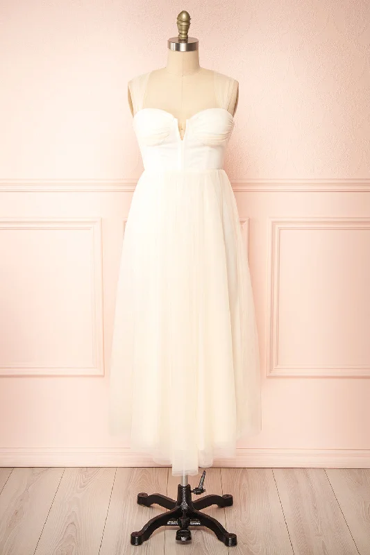 Upgrade for Less!Lizzie Cream | Midi Tulle Dress w/ Corset