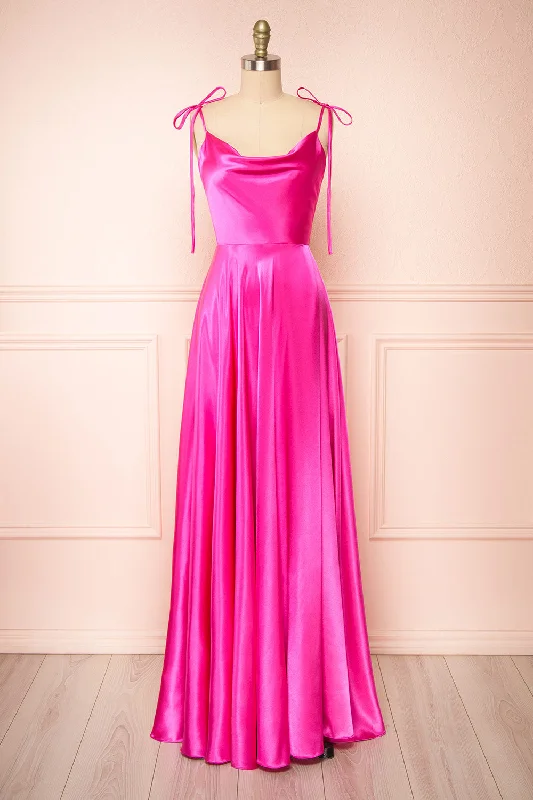 Mega Sale Happening Now!Moira Fuchsia | Cowl Neck Satin Maxi Dress w/ High Slit