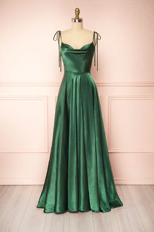 Flash Deals – Act Quickly!Moira Green | Cowl Neck Satin Maxi Dress w/ High Slit
