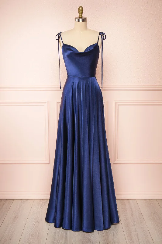 Buy More, Save More!Moira Navy |  Cowl Neck Satin Maxi Dress w/ High Slit