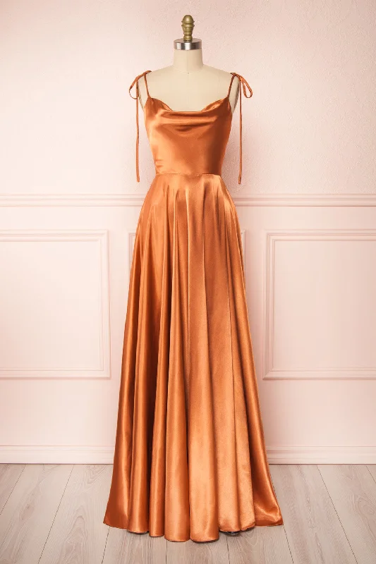 Lowest Prices Guaranteed!Moira Rust | Cowl Neck Satin Maxi Dress w/ High Slit