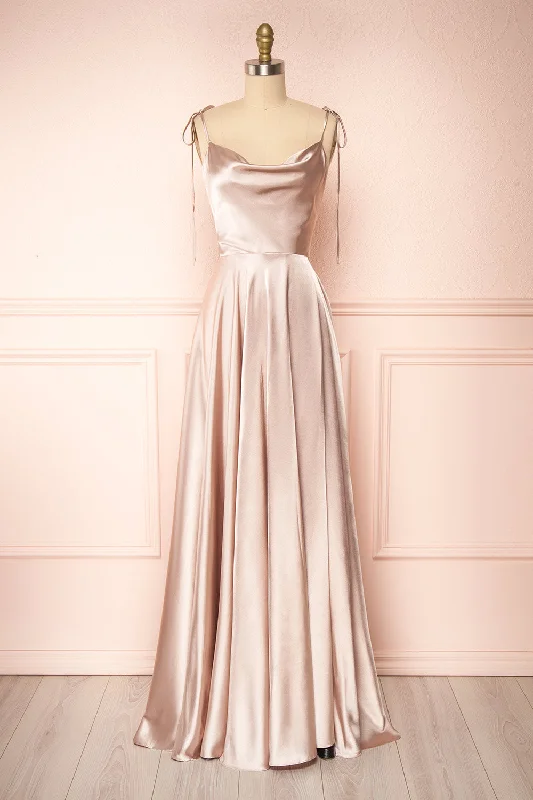 Exclusive Savings This Week!Moira Sand | Cowl Neck Satin Maxi Dress w/ High Slit