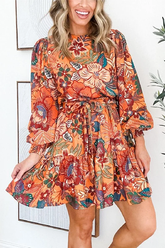 New Discounts Just Dropped!Floral Bubble Sleeve Belted Dress