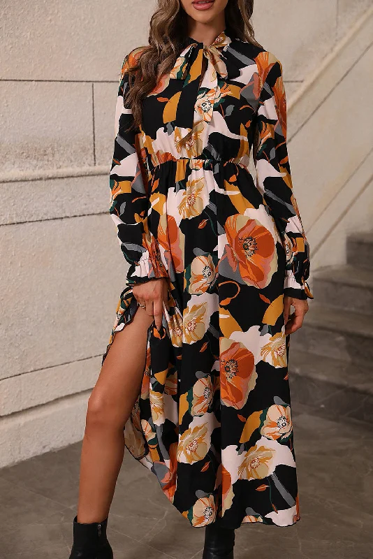 Savings You Can’t Ignore!Floral Tie Neck Long Sleeve Dress