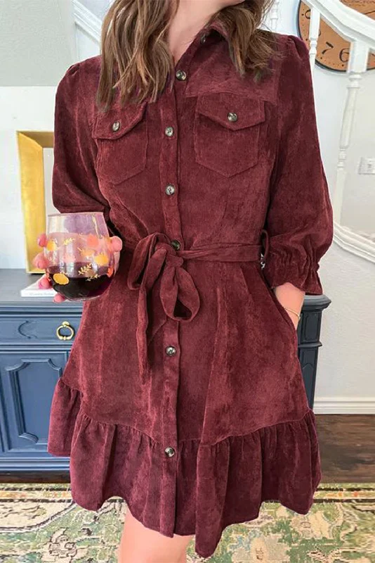 Shop More, Spend Less!Corduroy Ruffle Hem Shirt Dress