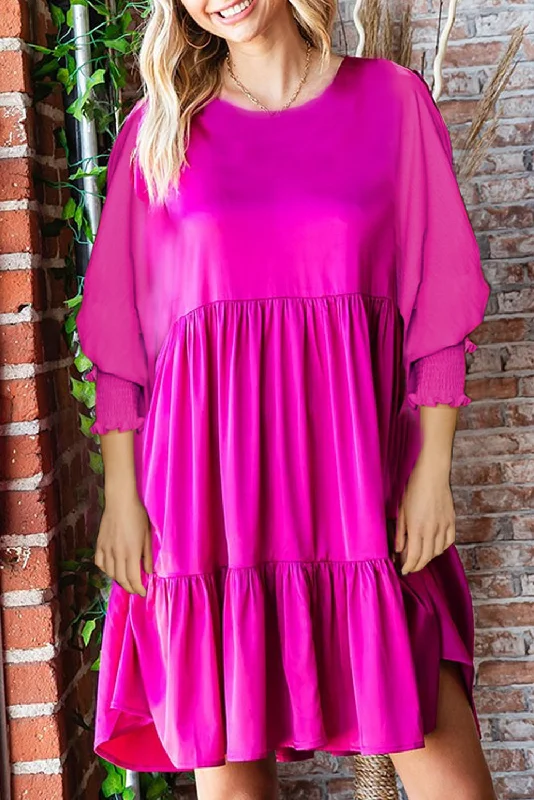 Shop Before It’s Gone!Satin Smocked 3/4 Sleeve Tiered Dress