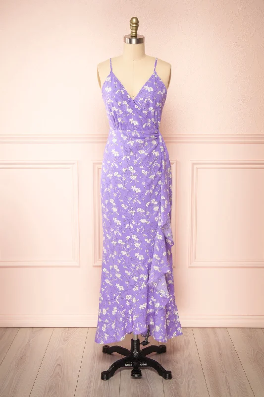 Shop Now and Save!Selene Lavender | Floral Midi Wrap Dress w/ Ruffles
