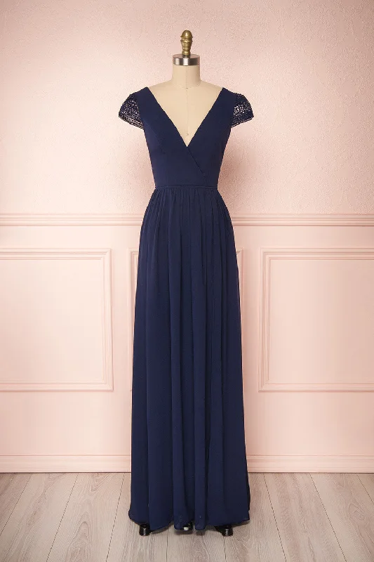 Save Like Never Before!Senji Navy | Backless Chiffon & Lace Gown