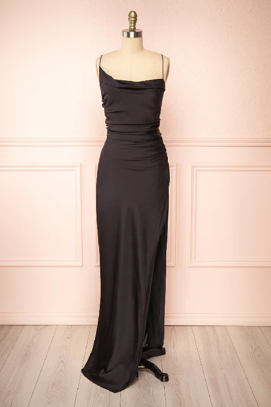 Great Deals, Just for You!Sevika Black | Maxi Satin Dress w/ Cowl Neck