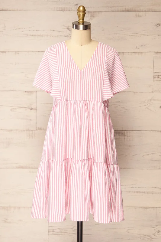 One Click Away from Big Savings!Vika Pink | Striped Short Dress w/ Short Sleeves