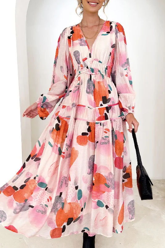 Amazing Prices You Can’t Resist!Abstract Pleated V-Neck Maxi Dress